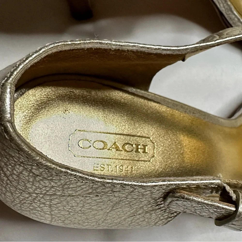 Coach Metallic Gold Braided Ankle-Strap Stack Heels Sz 10 - Picture 6 of 10